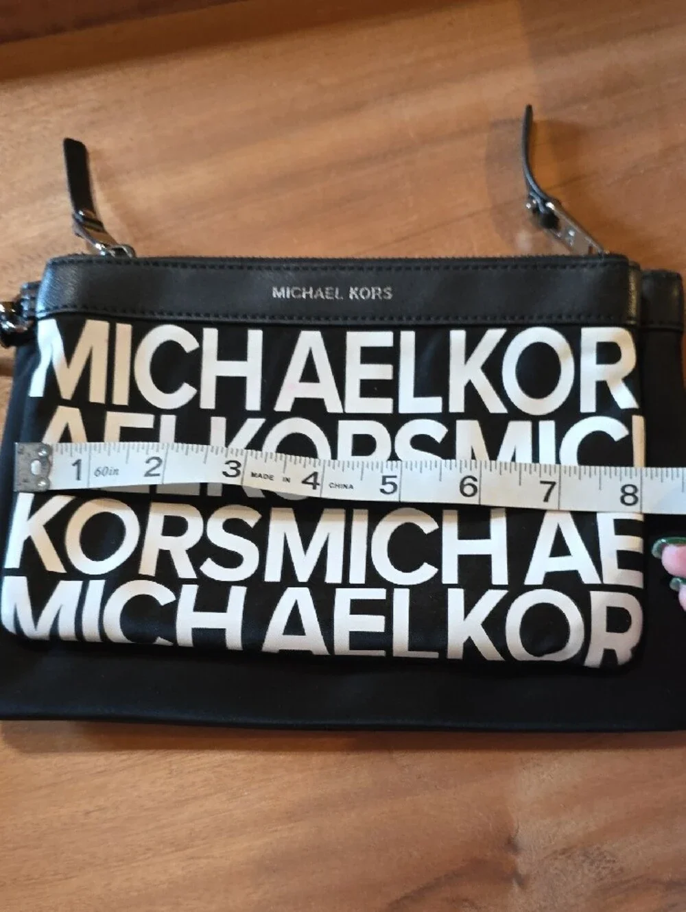 Michael Kors Nylon & Leather Trim Convertible Wristlet Pouch Set Black White Log